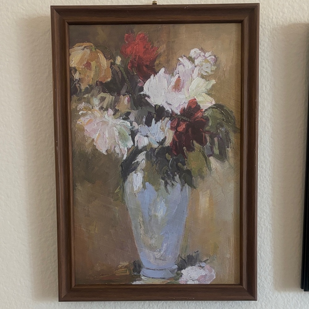 Framed Floral Oil Painting with Vase - Soft Neutrals & Hints of Red